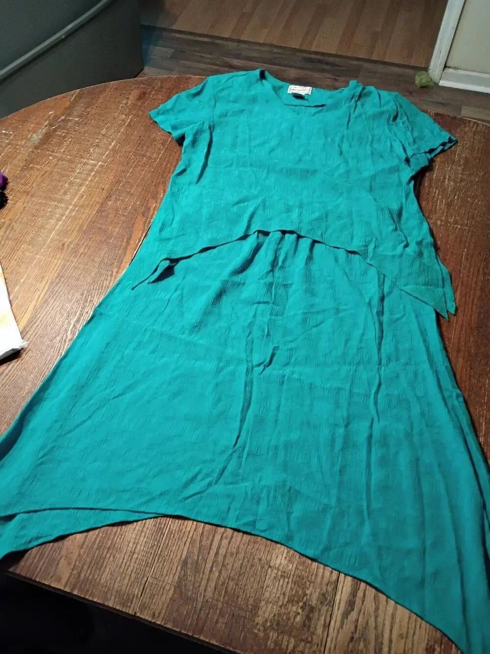 Vintage 90s Karin Stevens Teal Crinkle Rayon 2pc Skirt Blouse Shirt Set Size 18